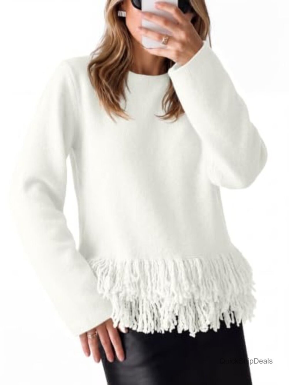 Fringe Sweater Crew Neck Boho Pullover Knit Long Sleeve Top